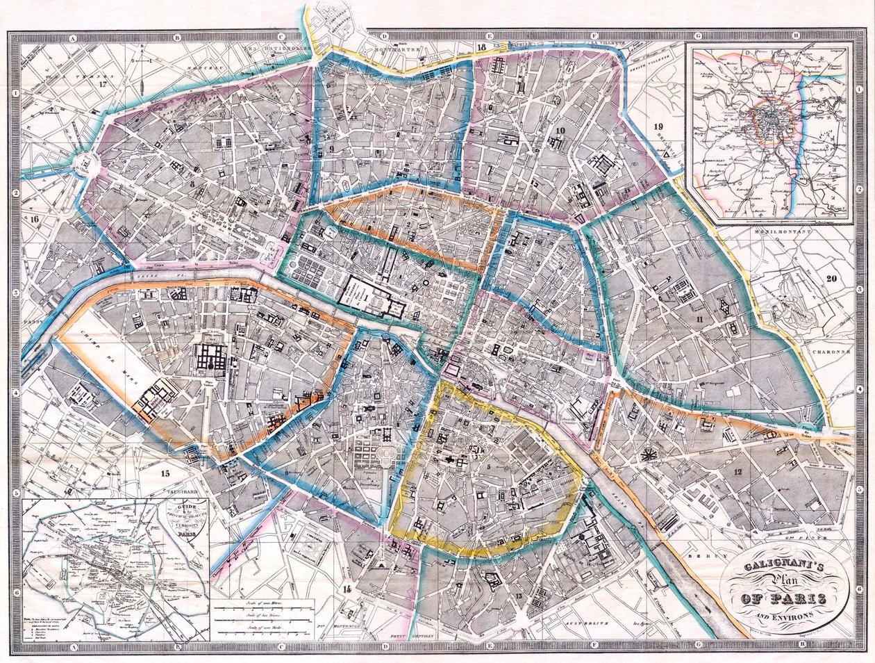 Antieke kaart van Parijs door Giovanni Antonio Galignani