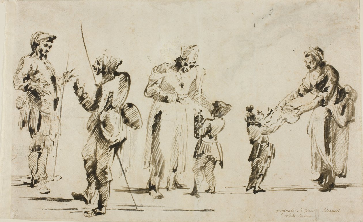 Blad met schetsen: zes figuren door Giovanni Battista Piranesi