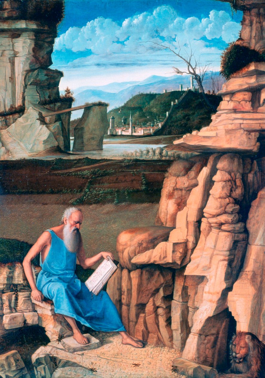Sint Hiëronymus lezend in een Landschap door Giovanni Bellini
