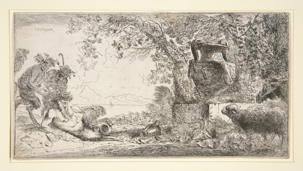 Pan Zittend Tegenover een Vaas door Giovanni Benedetto Castiglione