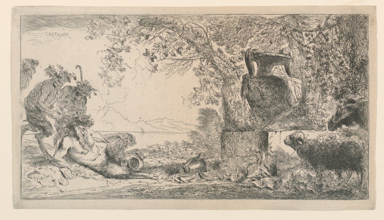 Pan zittend tegenover een vaas door Giovanni Benedetto Castiglione