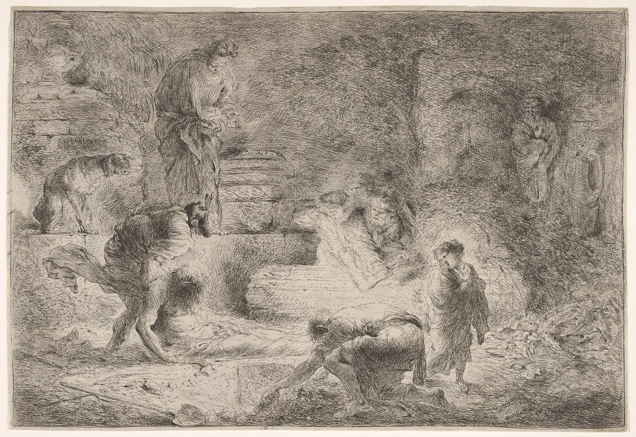 Tobit begraaft de doden door Giovanni Benedetto Castiglione