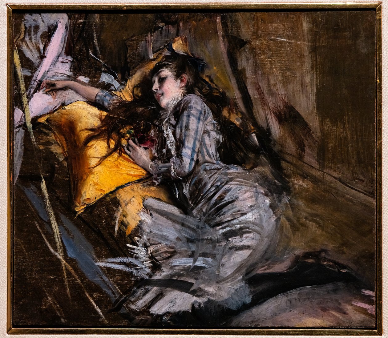 Liggend Meisje in Schotse Jurk door Giovanni Boldini