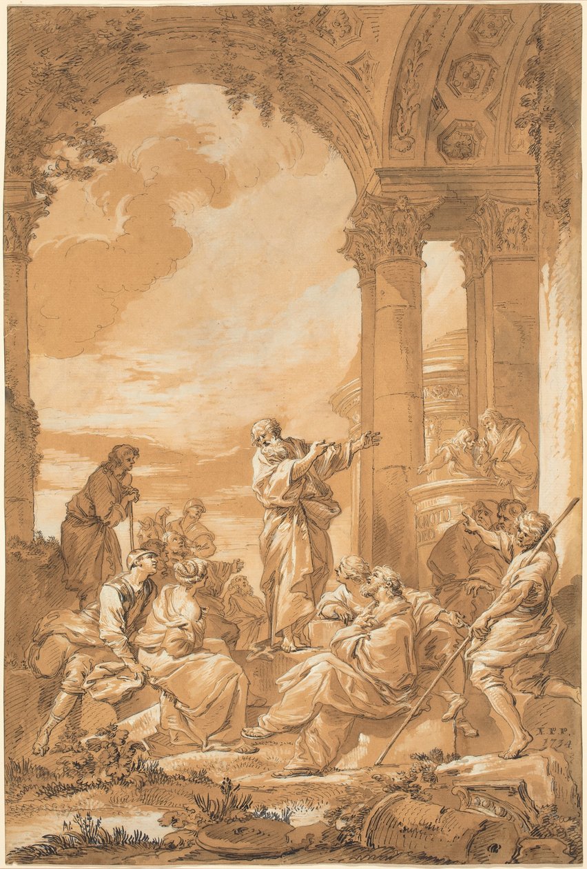 Sint Paulus predikend in Athene door Giovanni Paolo Panini