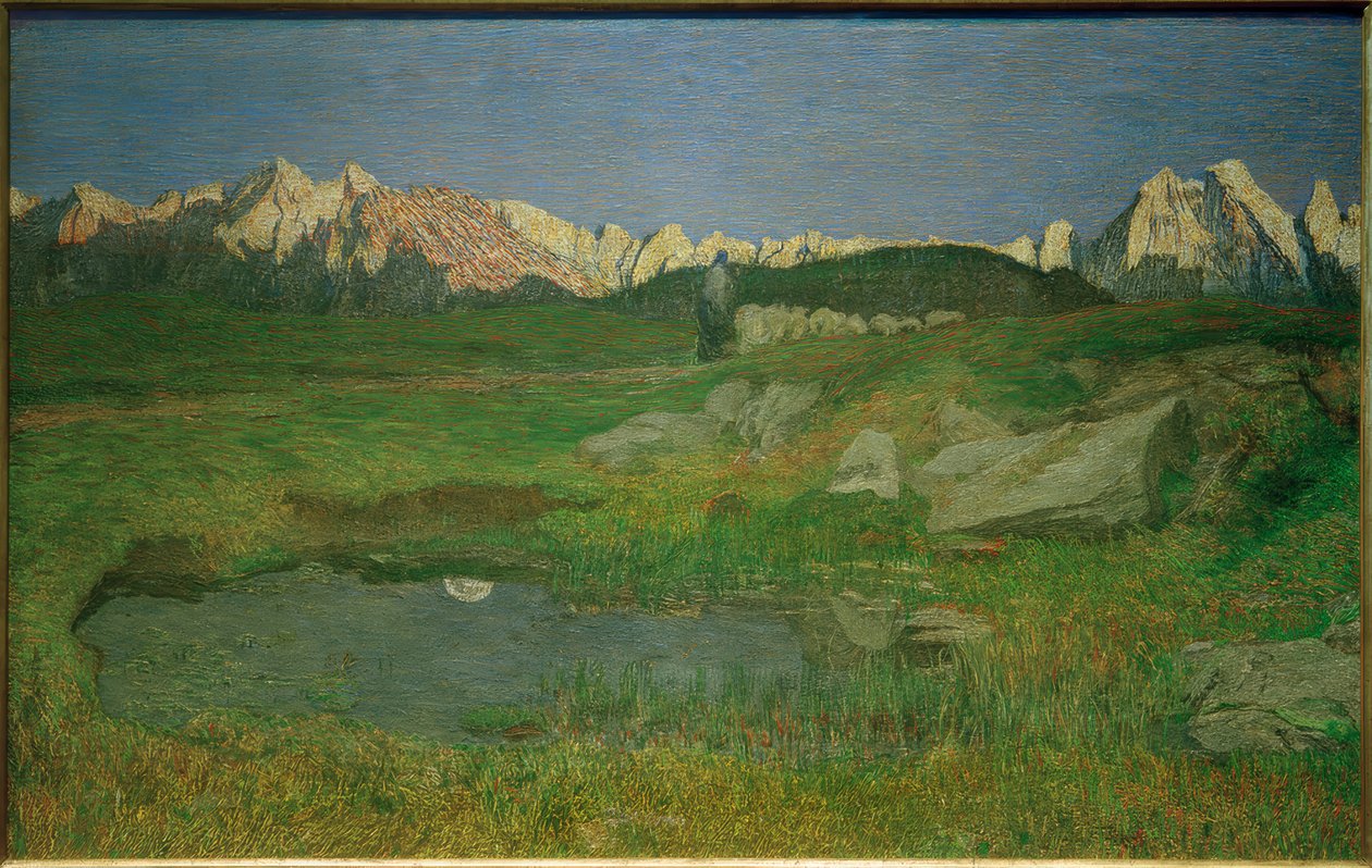 Alpenlandschap bij zonsondergang door Giovanni Segantini