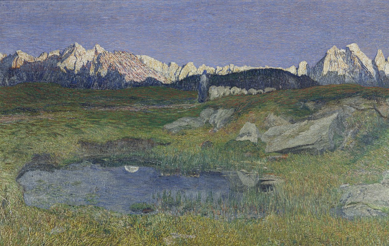 Alpenlandschap bij Zonsondergang door Giovanni Segantini