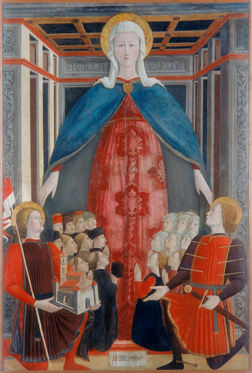 Madonna della Misericordia met St. Venantius en St. Sebastian, 1463 door Girolamo Giovanni