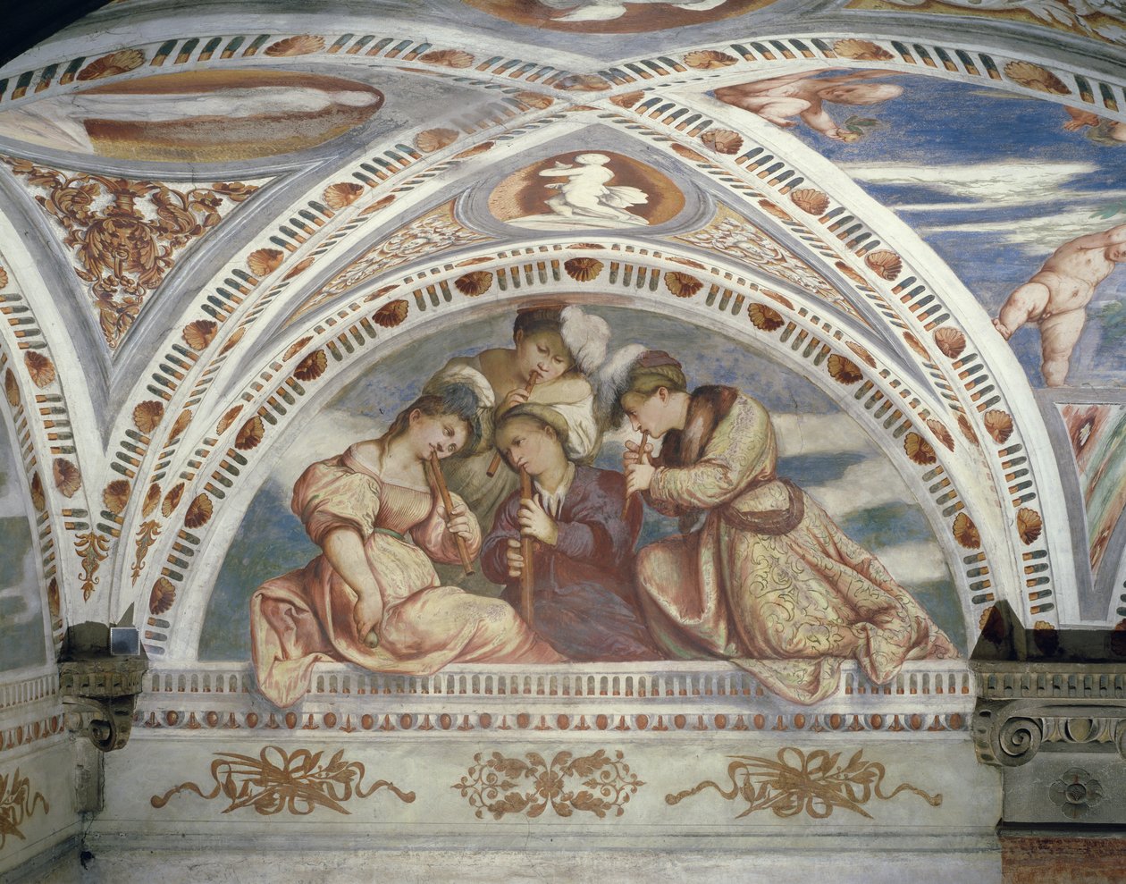 Bezel met een Concertkwartet van Blokfluitspelers, 1532 door Girolamo Romanino
