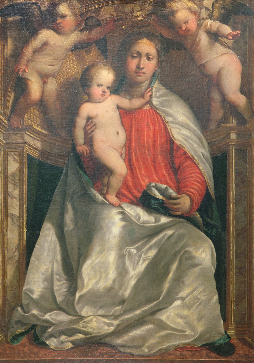 Madonna en Kind gekroond door twee engelen, ca. 1530 door Girolamo Romanino