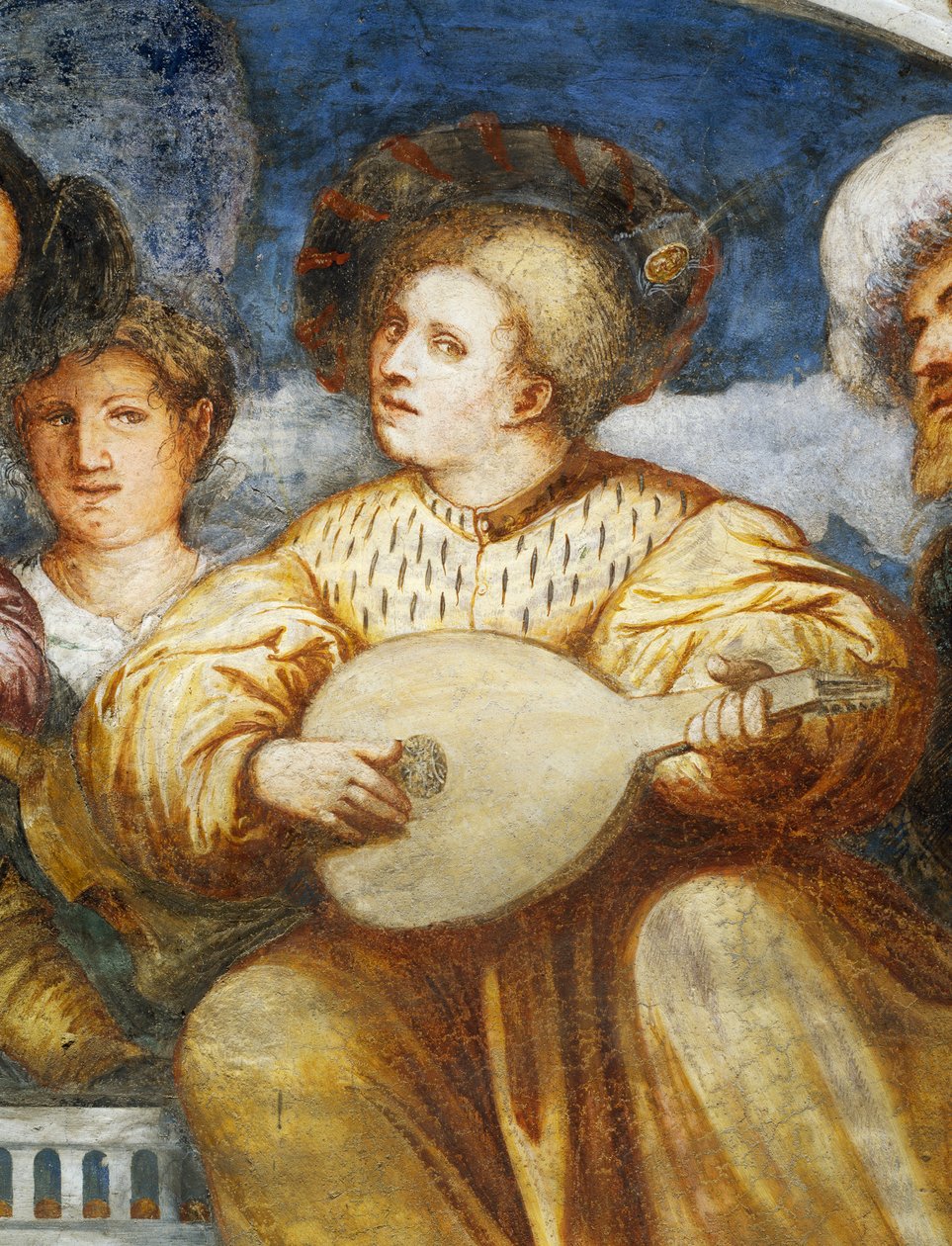 Concert, mandolinespeler tussen vrijers door Girolamo Romanino