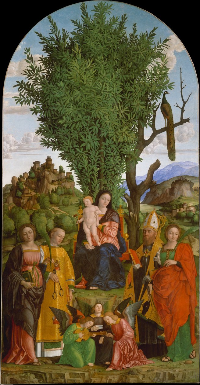 Madonna en kind met heiligen door Girolamo dai Libri