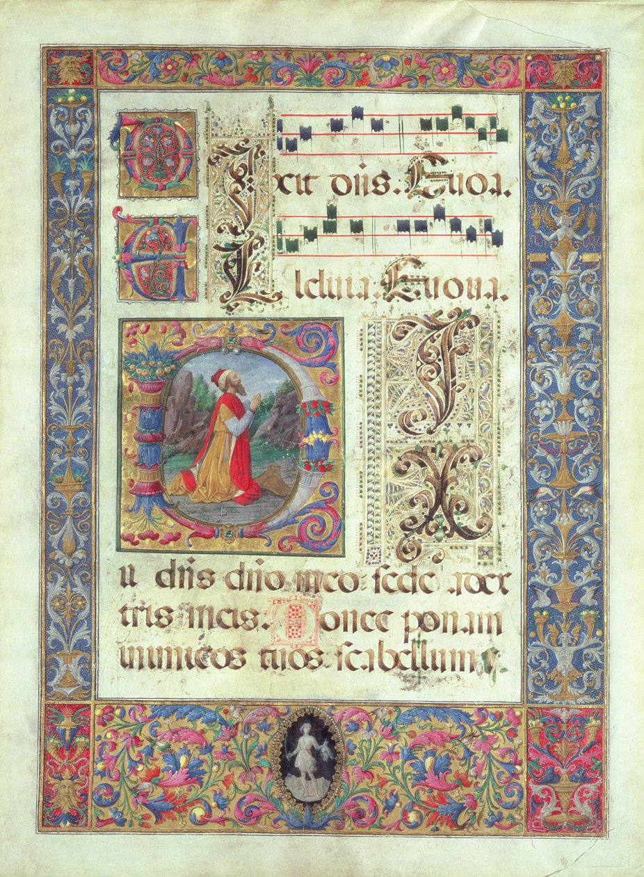 Pagina uit een manuscript met een gehistorieerde initiaal D die koning David uitbeeldt, c.1480 door Giuliano Amadei
