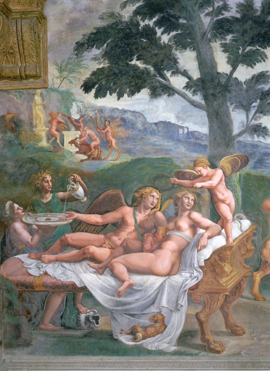 Cupido en Psyche met hun dochter Voluptuousness, bediend door Ceres en Juno (detail) door Giulio Romano