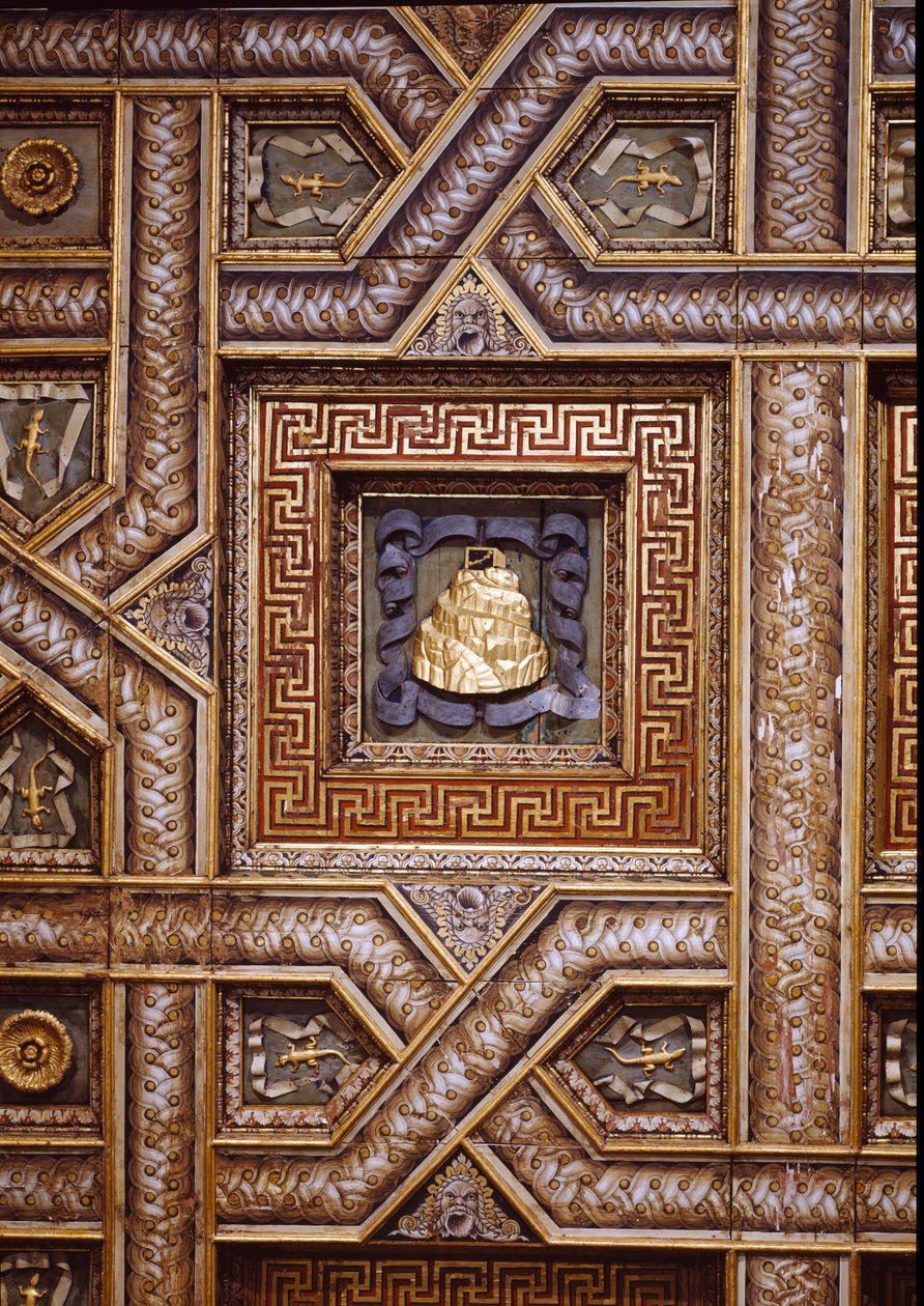 Sala dei Cavalli, uitzicht op het plafond met het gesneden Gonzaga-impressum van de Olympusberg, hagedissen en versierde rozetten omrand door trompe l