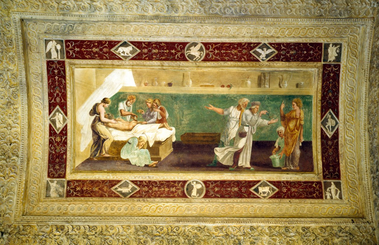 Scène van een dokter die een zieke man bijwoont, plafondschildering uit de Giardino Segreto door Giulio Romano