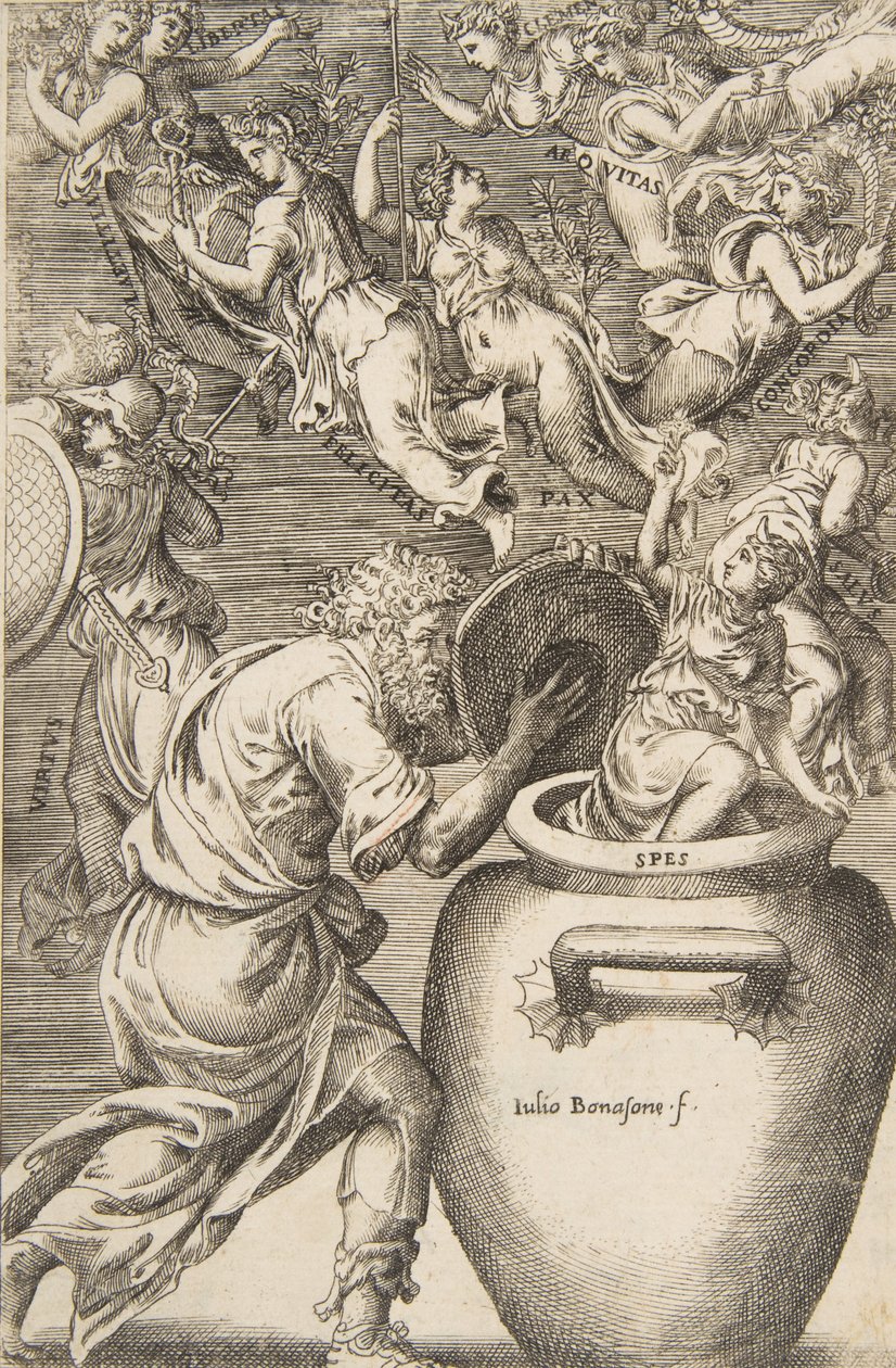 Epimetheus opent de doos van Pandora door Giulio Bonasone