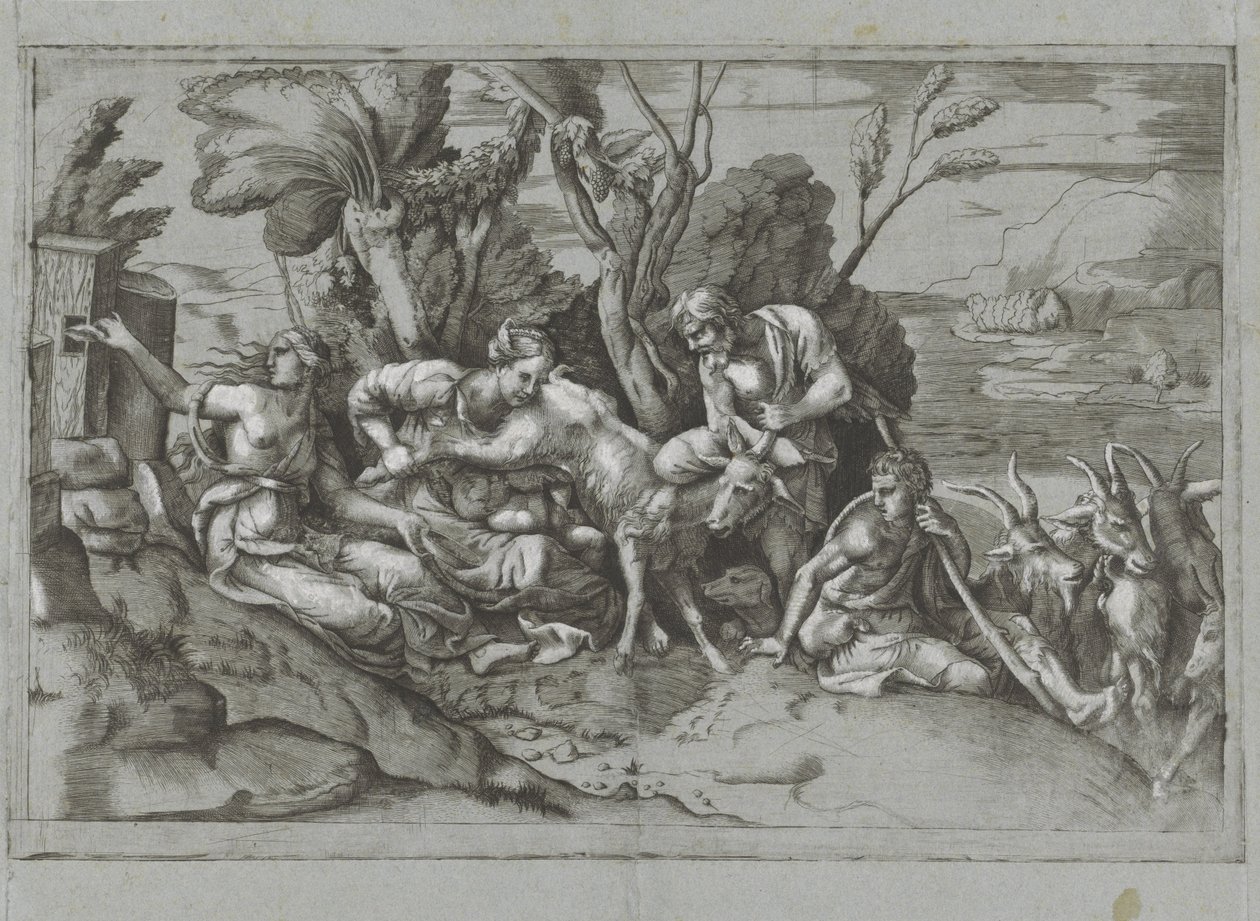 Jupiter gezoogd door de geit Amalthea door Giulio Bonasone