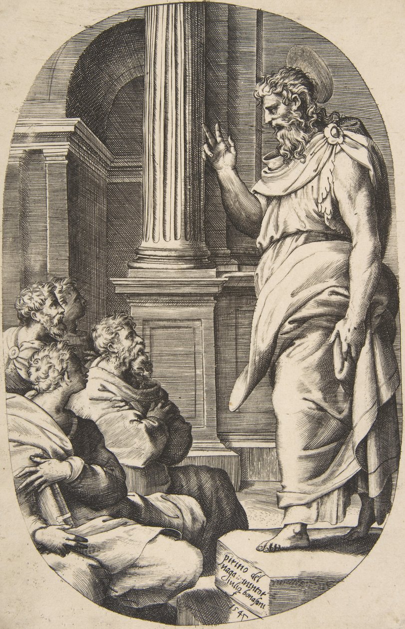 Sint Paulus prediking, een ovaal compositie door Giulio Bonasone