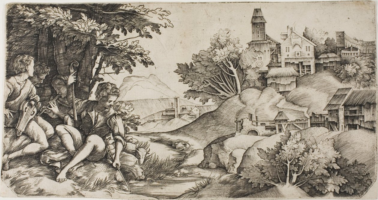 Herders in een landschap door Giulio Campagnola