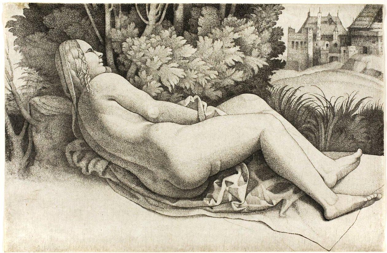 Vrouw liggend in een landschap door Giulio Campagnola