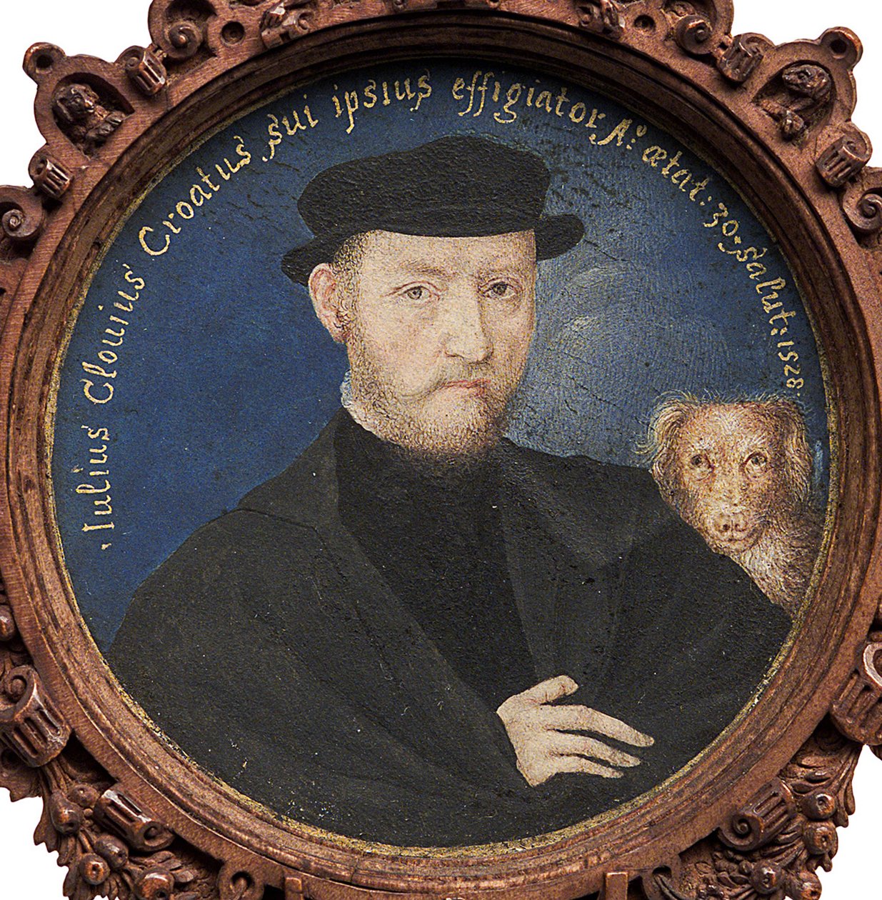 Zelfportret met hond, 1528 door Giulio Clovio