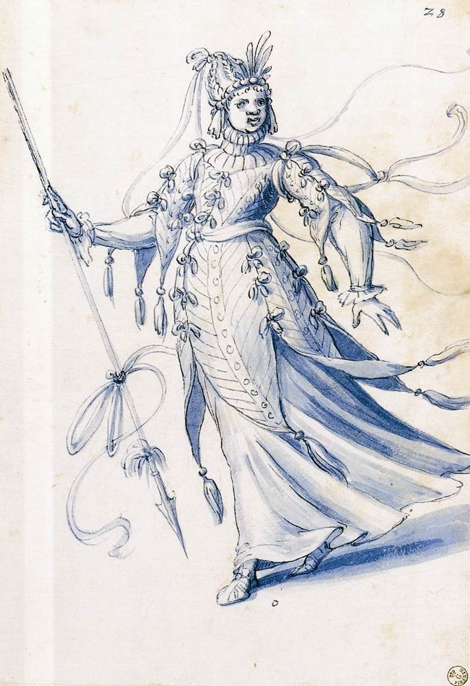Kostuumtekening van een vrouw met lans door Giuseppe Arcimboldo