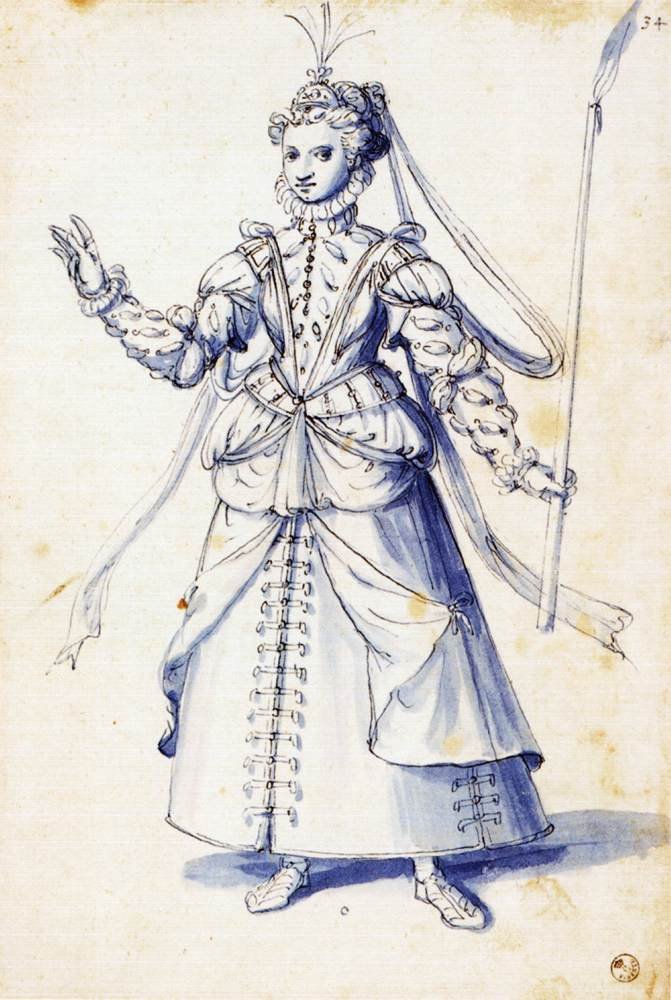 Kostuumtekening van een vrouw met fakkel door Giuseppe Arcimboldo
