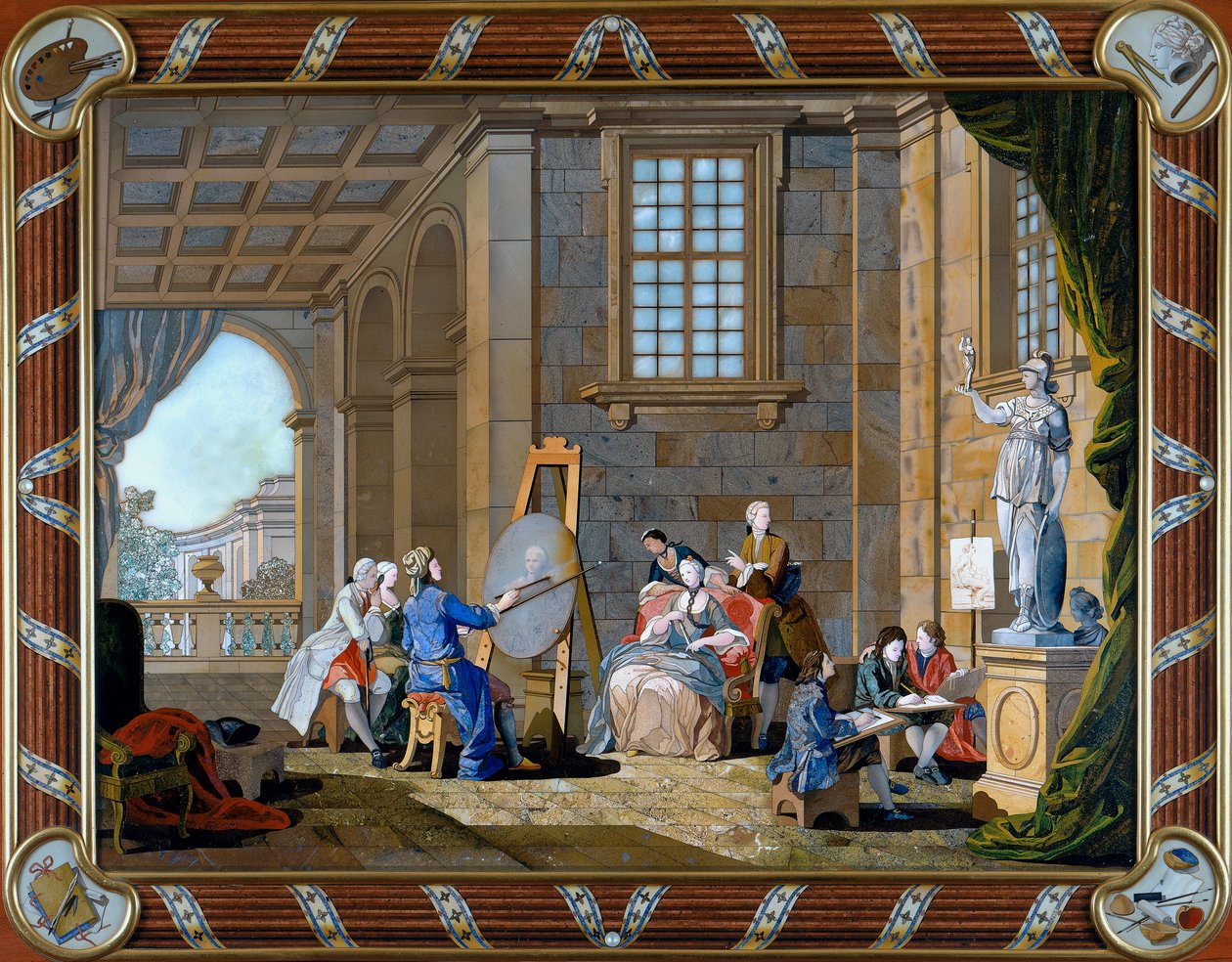 Paneel in pietre dure inlegwerk met schilderij door Giuseppe Zocchi