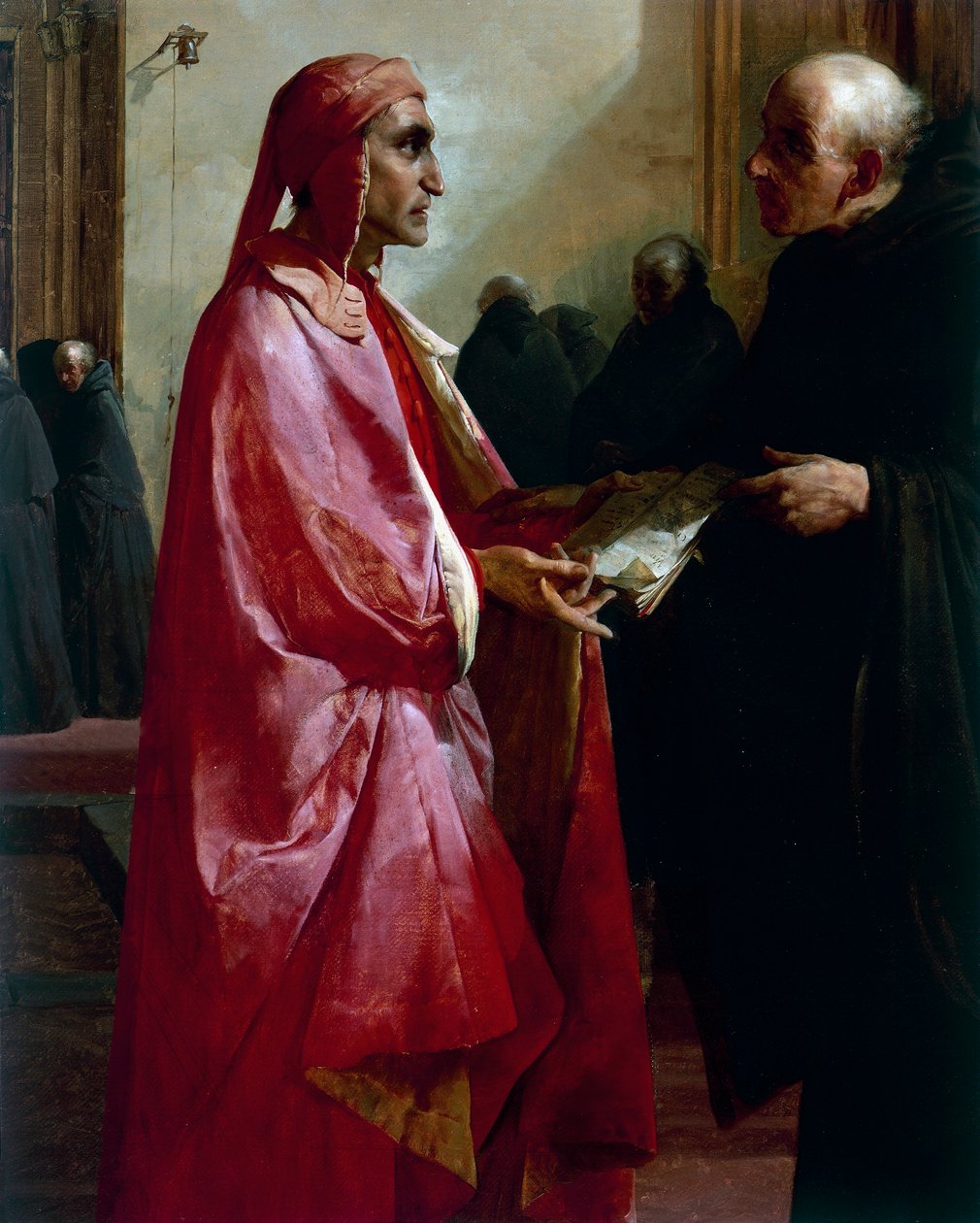 Ontmoeting tussen Dante (1265-1321) en Fra Ilario door Giuseppe Bertini