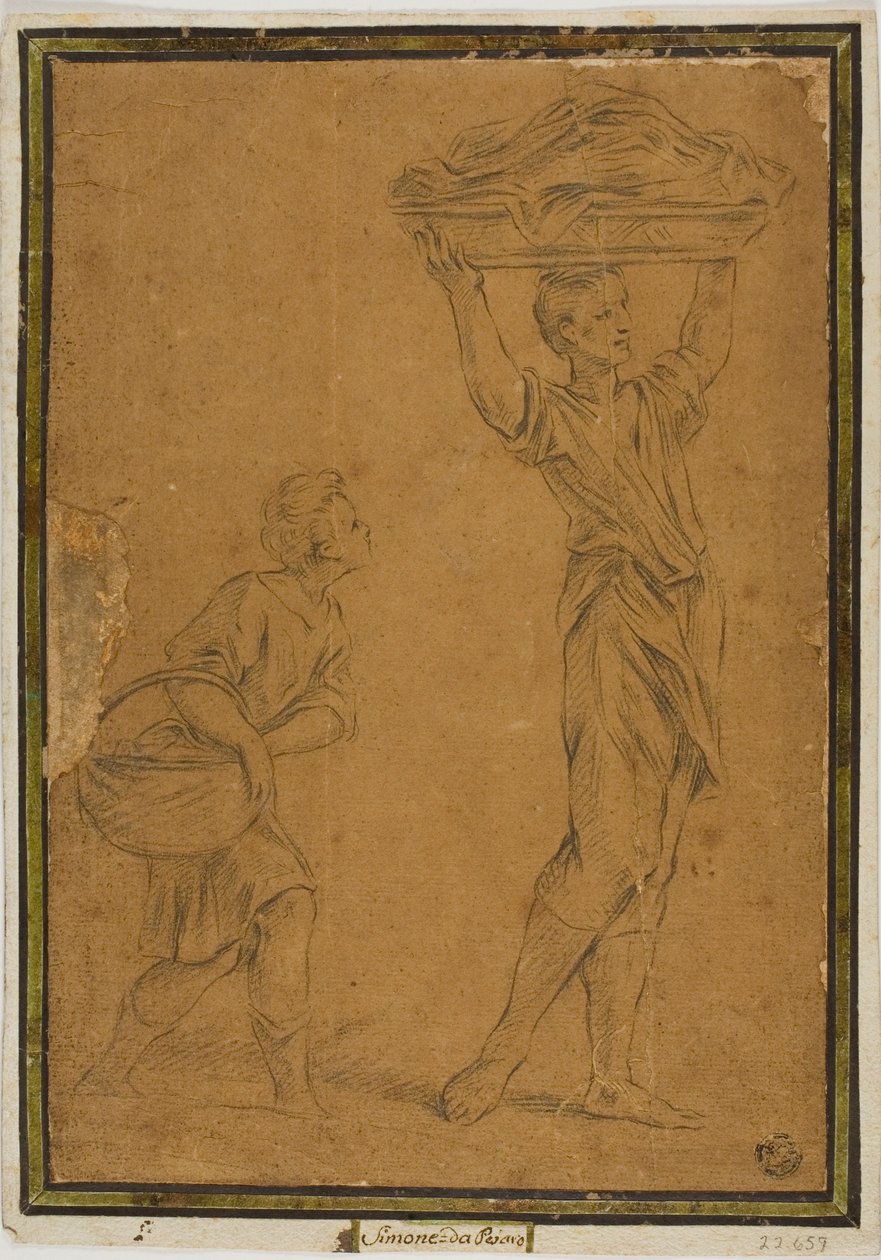 Twee jongens dragen manden door Giuseppe Maria Mitelli