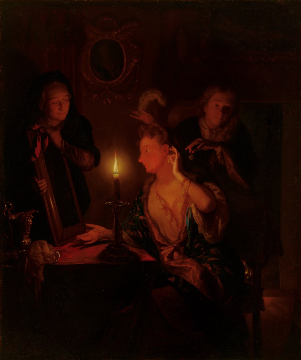 Dame bij een spiegel bij kaarslicht door Godfried Schalcken