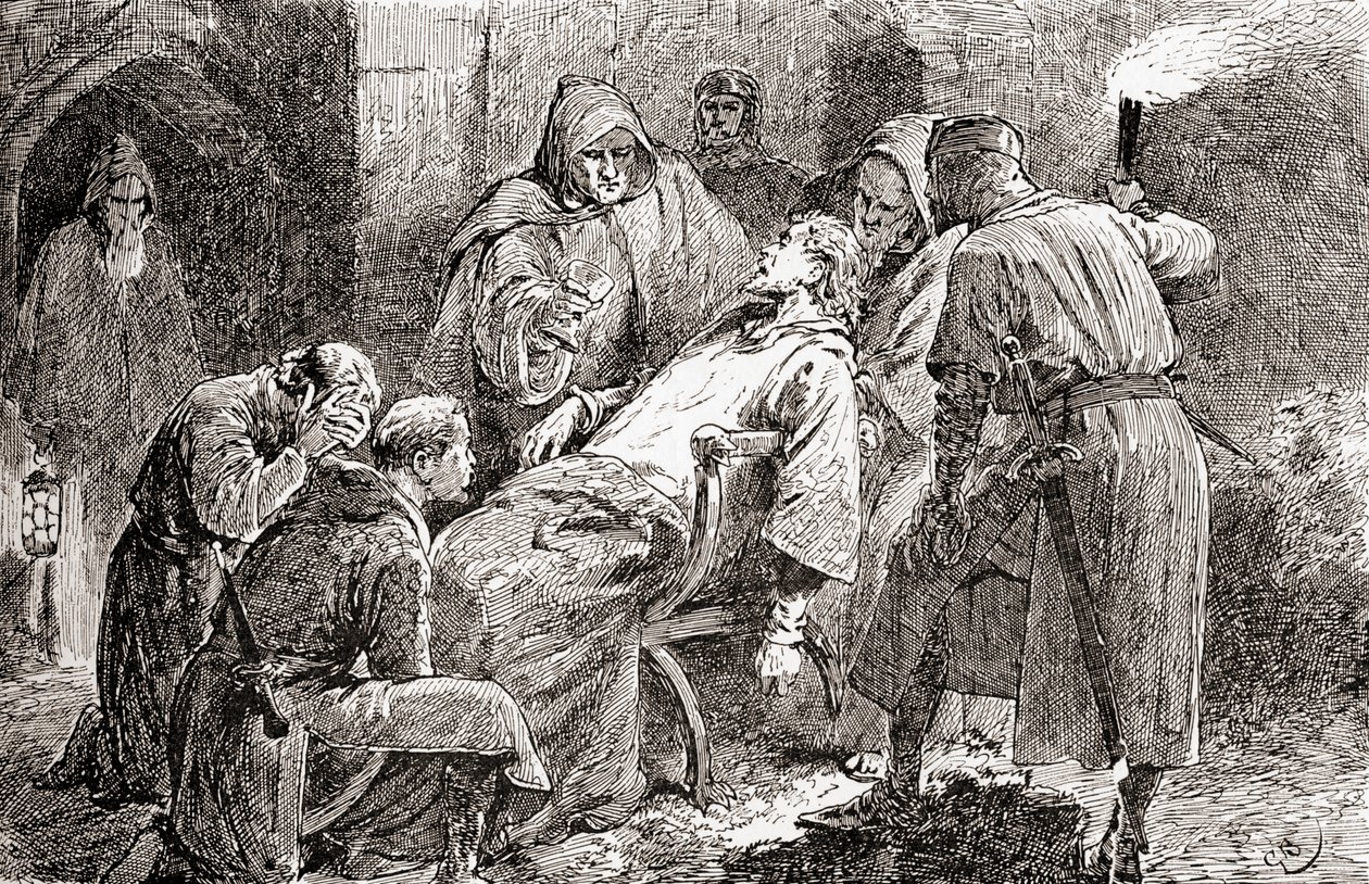 Een scène uit William Shakespeares toneelstuk Koning Jan, Act V, Scene 7, Koning Jan: Vergiftigd, slecht lot, dood, verlaten, verstoten, uit De Werken van William Shakespeare, gepubliceerd 1896 door Gordon Frederick Browne