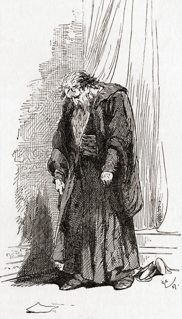 Een scène uit William Shakespeares toneelstuk De Koopman van Venetië, Act IV, Scene 1, Shylock: Ik bid u, geef mij toestemming om te vertrekken. Ik ben niet wel, uit De Werken van William Shakespeare, gepubliceerd 1896 door Gordon Frederick Browne