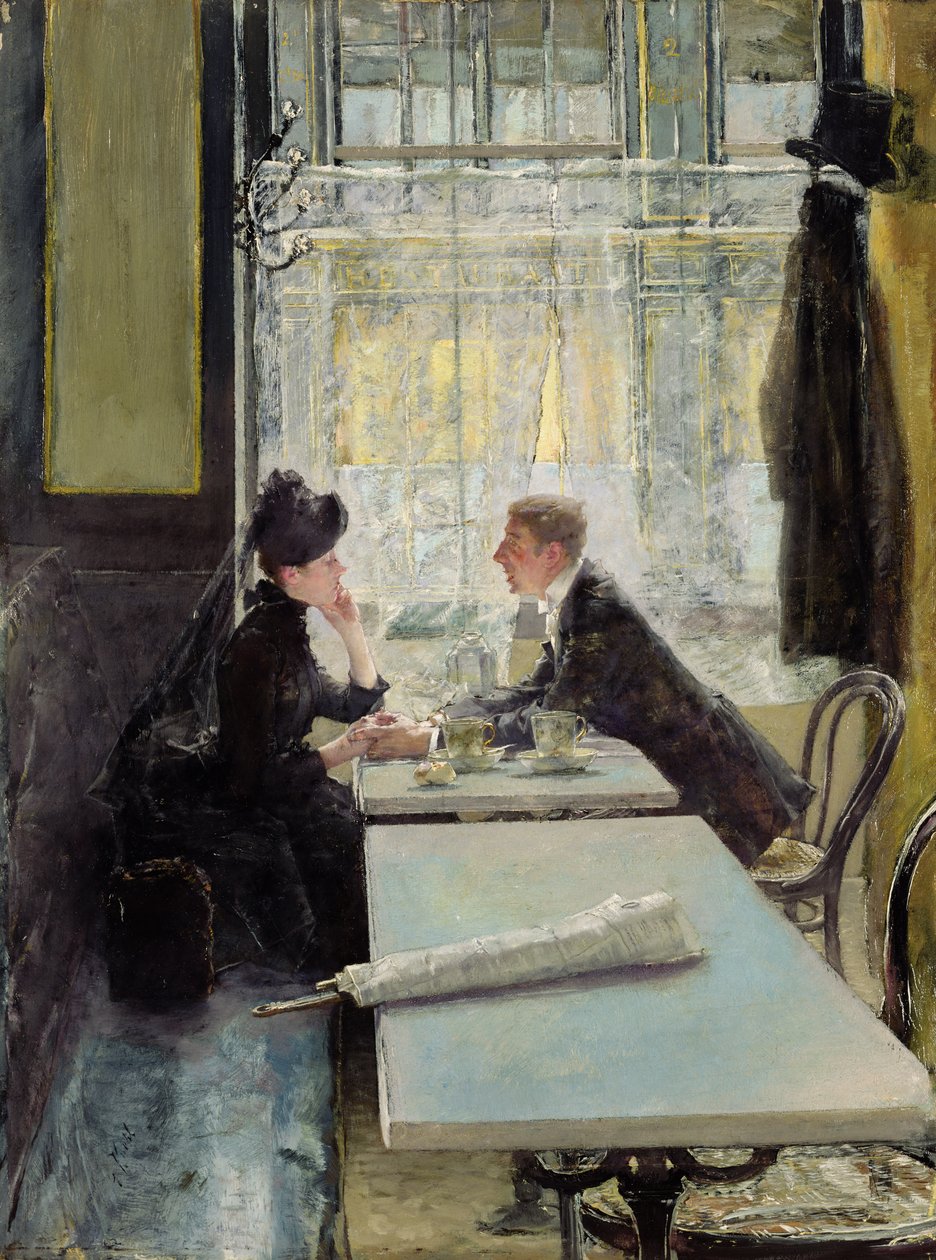 Liefhebbers in een café (paneel) door Gotthardt Johann Kuehl