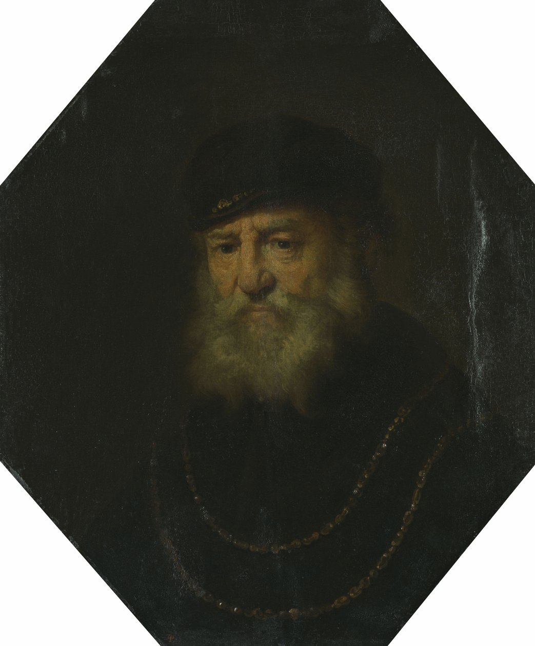 Borstbeeld van een oude man met twee gouden kettingen door Govert Flinck