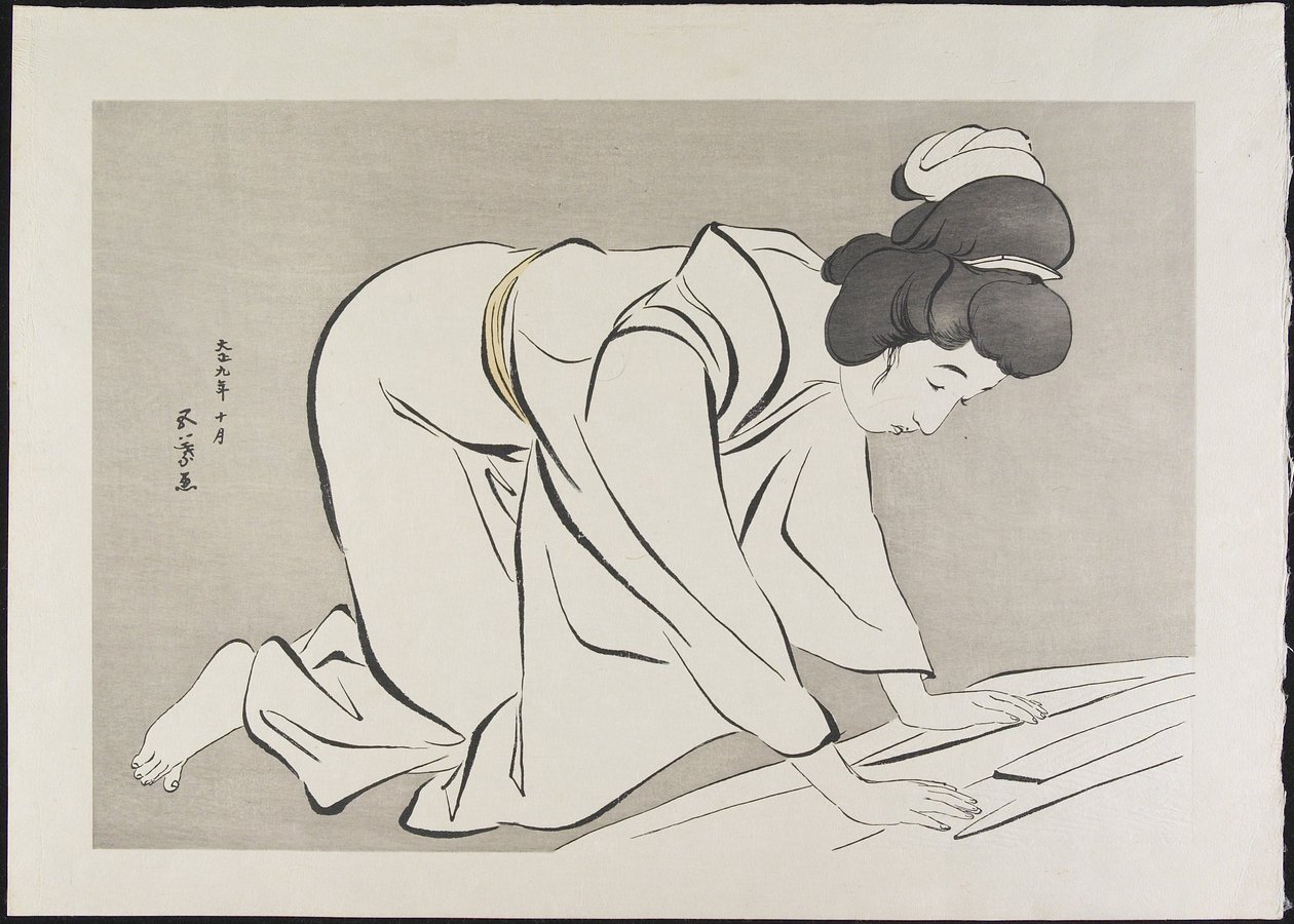 Vrouw die Kimono Vouwt, oktober 1920 door Goyo Hashiguchi