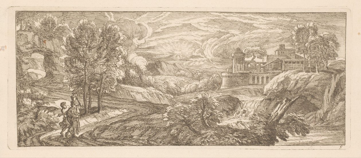 Rivierlandschap met twee wandelende figuren door Gérard Audran