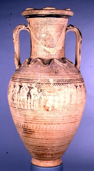 Attische Laat-Geometrische IIb-amfoor versierd met een begrafenisscène, c.720-700 v.Chr. door Greek