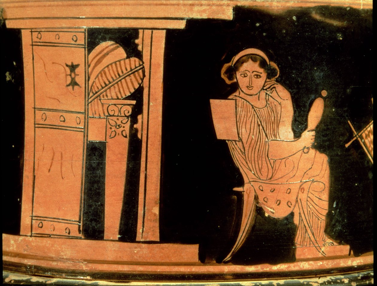Attische rode figuur pyxis die een bruid afbeeldt, 5e eeuw v.Chr. (aardewerk) door Greek
