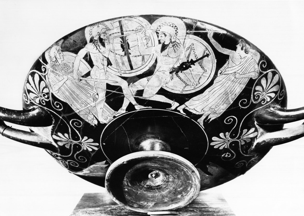 Attische roodfigurige beker met Achilles en Hector vechtend in aanwezigheid van Athena en Apollo (aardewerk) door Greek