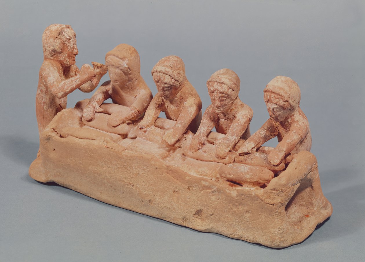 Bakkers kneden deeg op het geluid van een fluit, gevonden in Thebe, Boeotië, 6e eeuw v.Chr. (terracotta) door Greek