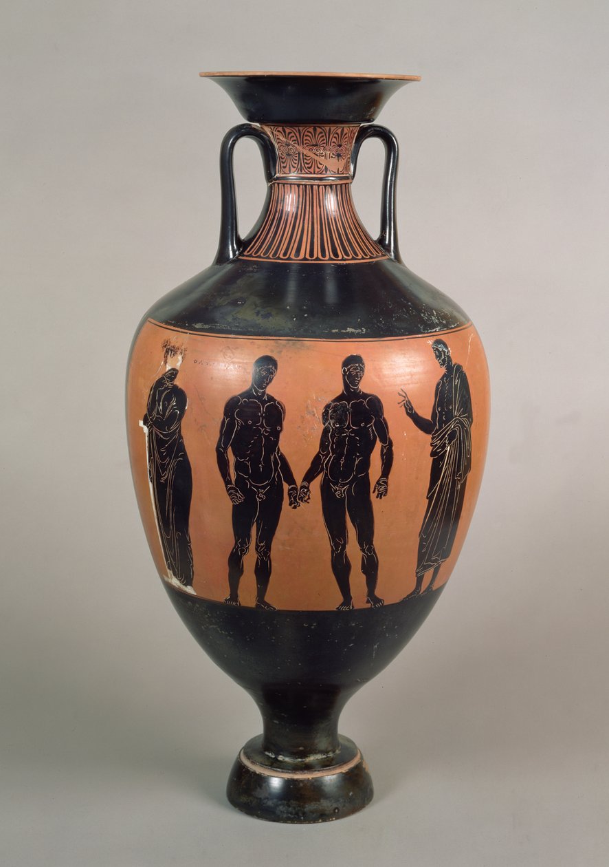 Zwartfigurige Panathenaïsche prijsamfoor, met afbeelding van twee boksers, een trainer en Olympias, Attisch, Grieks, 340-339 v.Chr. door Greek