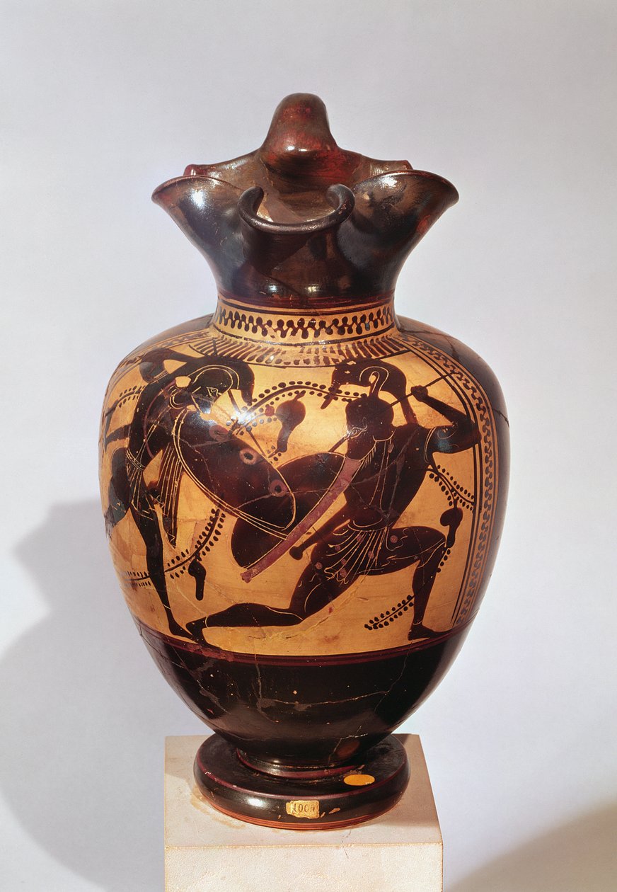 Zwartfigurige oinochoe versierd met krijgers, c.530-520 v.Chr. door Greek