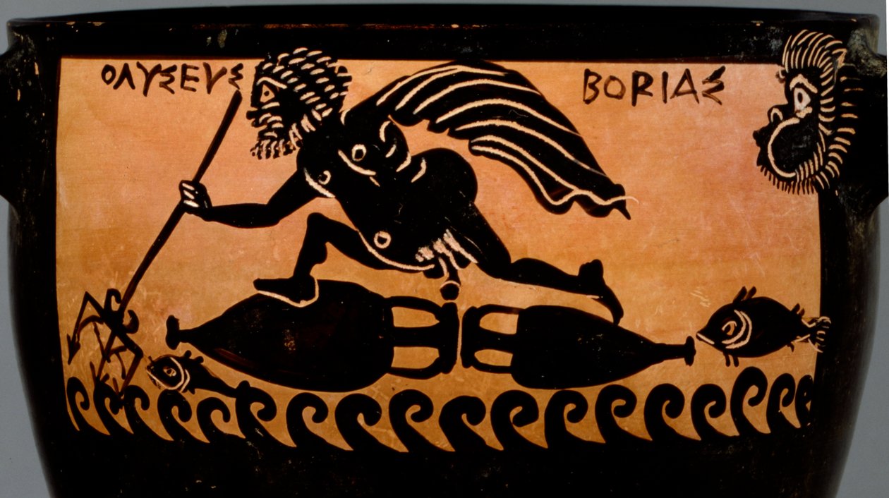 Boeotische zwartfigurige skyphos, versierd met een scène van Odysseus die door Boreas over de zee wordt geblazen, uit de werkplaats van de Mystae-schilder, Thebe, Boeotië, laat 5e eeuw v.Chr. (detail) door Greek