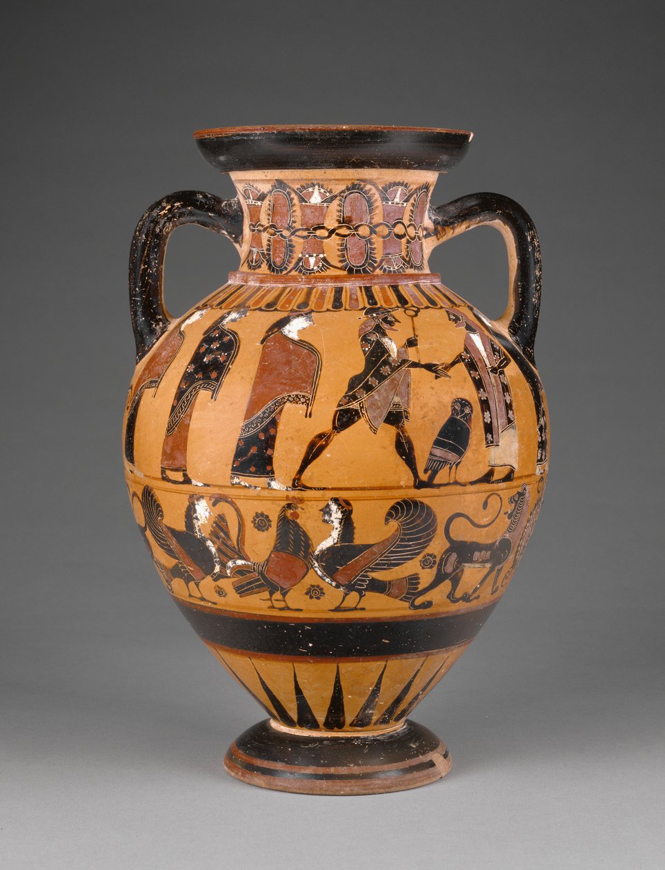 Euboeïsche zwartfigurige nekamfoor versierd met het oordeel van Paris, ca. 570-60 (terracotta) door Greek