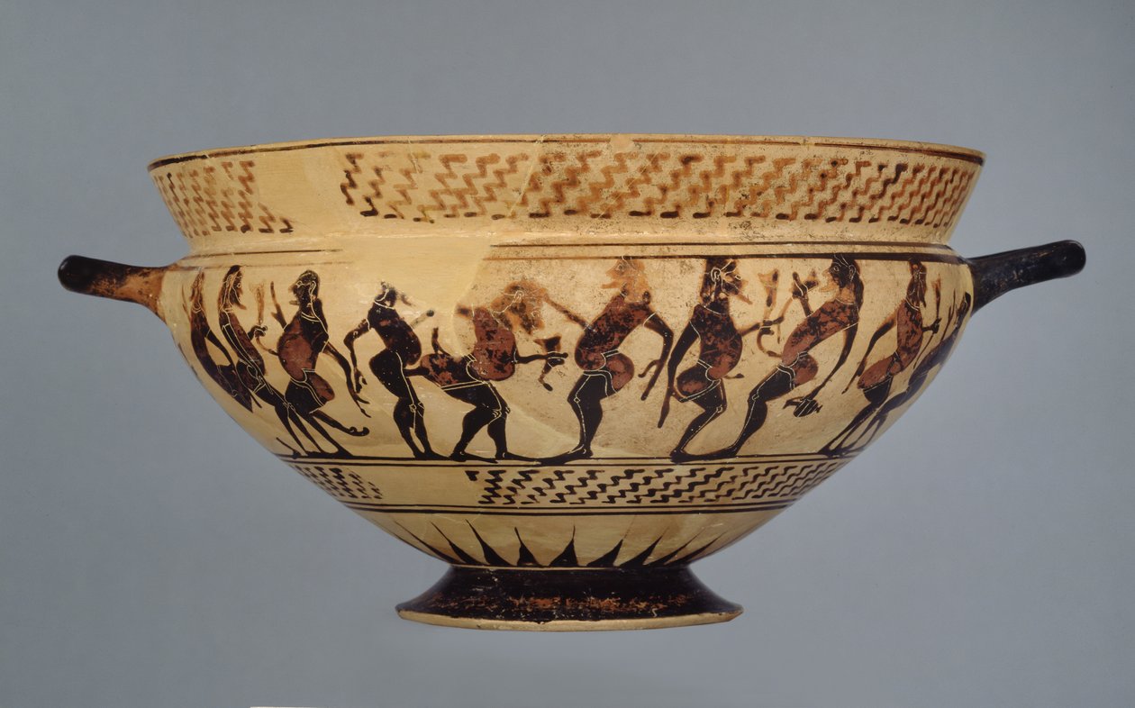 Midden-Corintische beker versierd met zestien opgevulde dansers of Komasten, mogelijk uit Cerveteri, c.600-575 door Greek