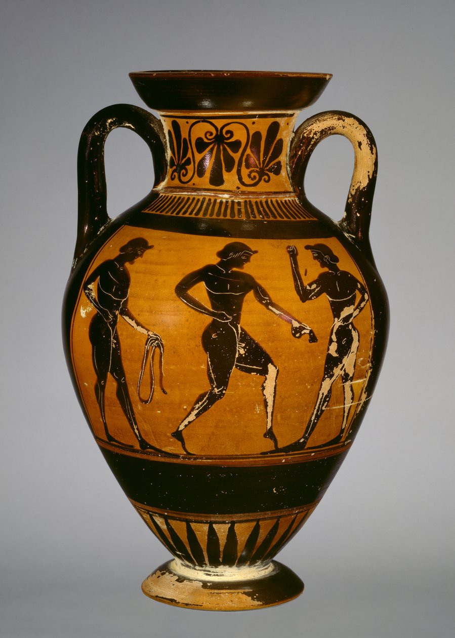 Panathenaïsche amfoor met drie atleten door Greek