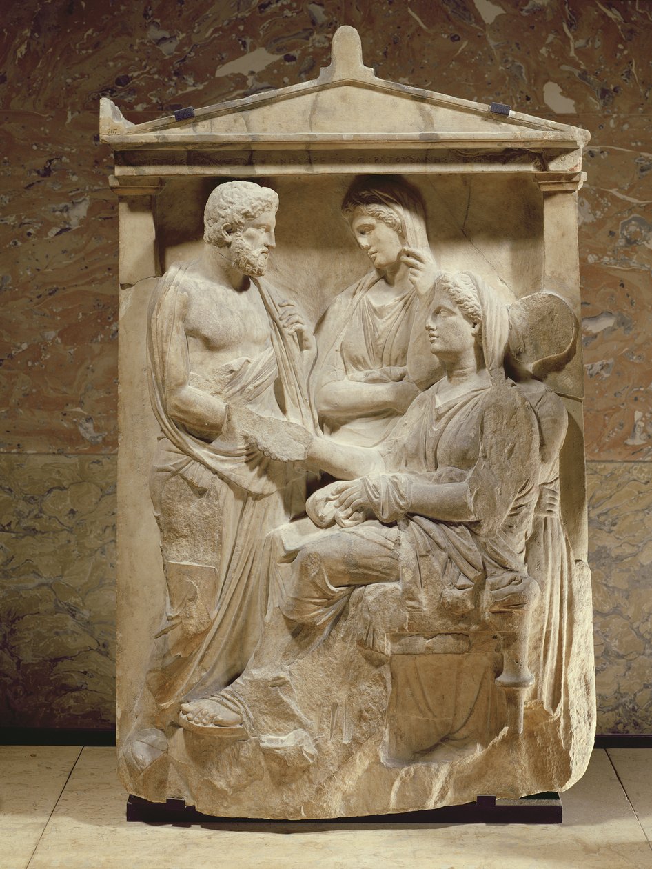 Phainippos en Mnesarete grafsteen met familiebijeenkomst en handdruk, Attische periode, ca. 350 v.Chr. (marmer) door Greek