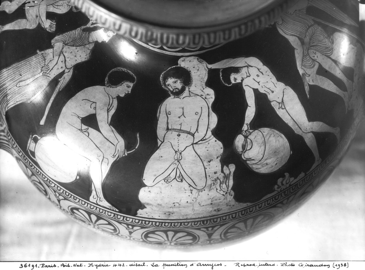 Roodfigurige hydria die de straf van Amycus uitbeeldt, 700-480 v.Chr. door Greek