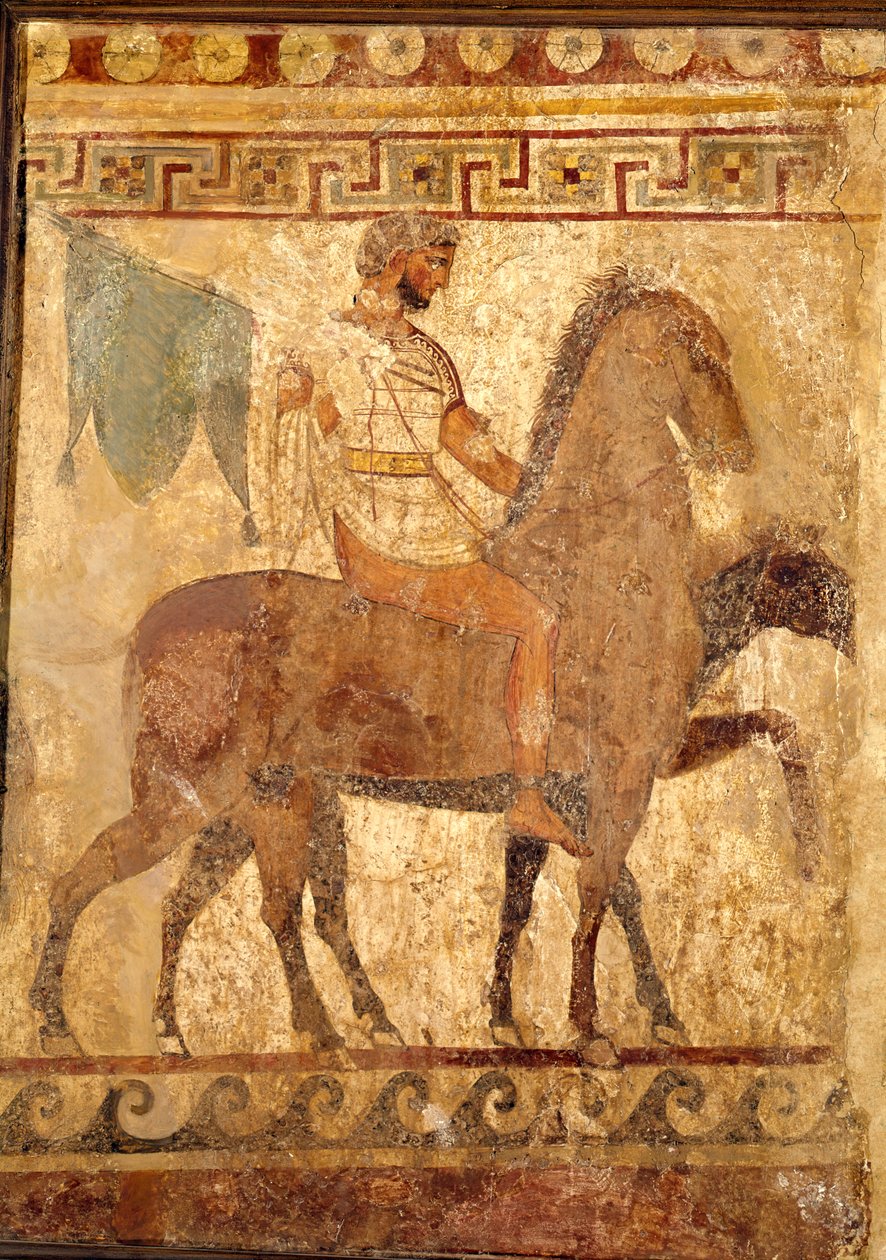 Soldaat op een paard, grafschildering door Greek